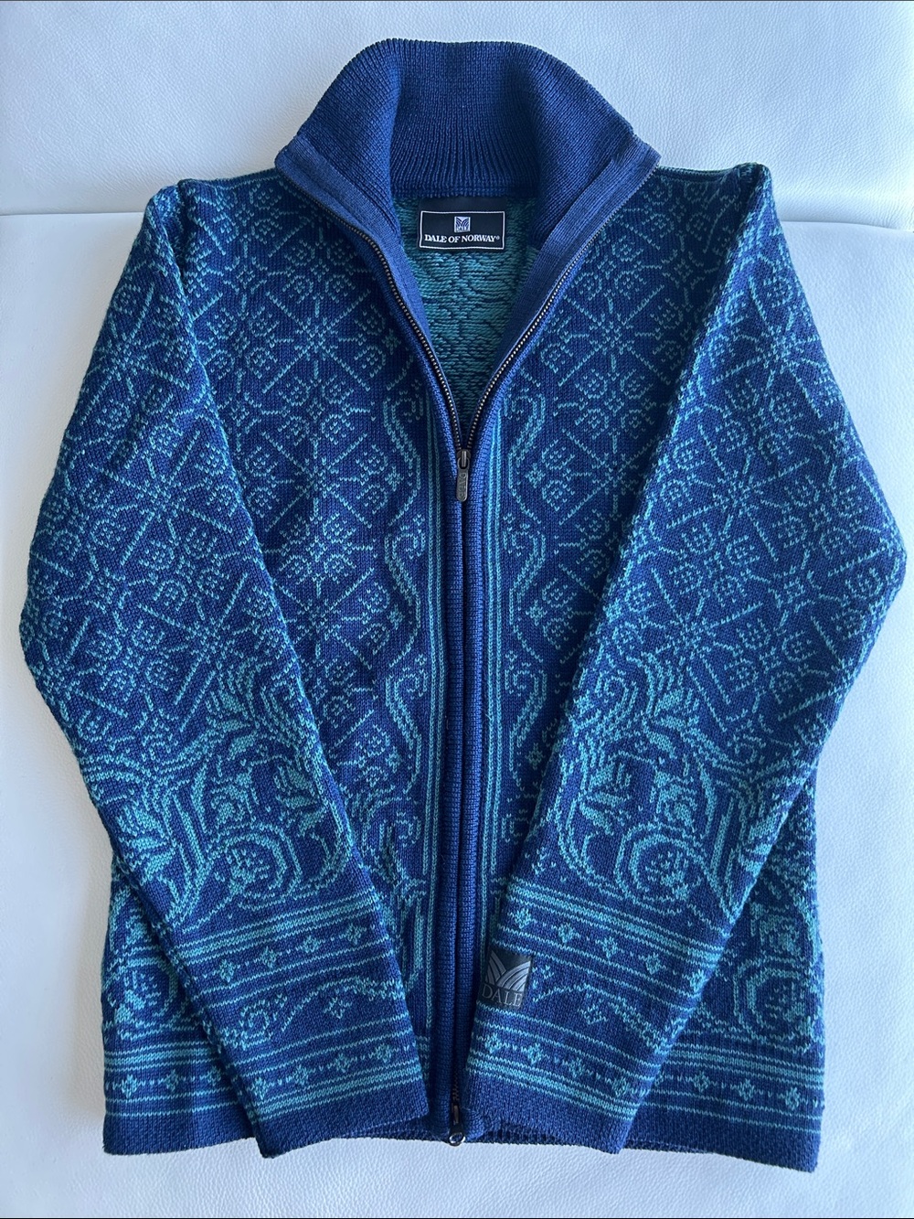 Dale of Norway Royal & Light Blue 100% New Wool Zip-Up Fair Isle Cardigan, Small